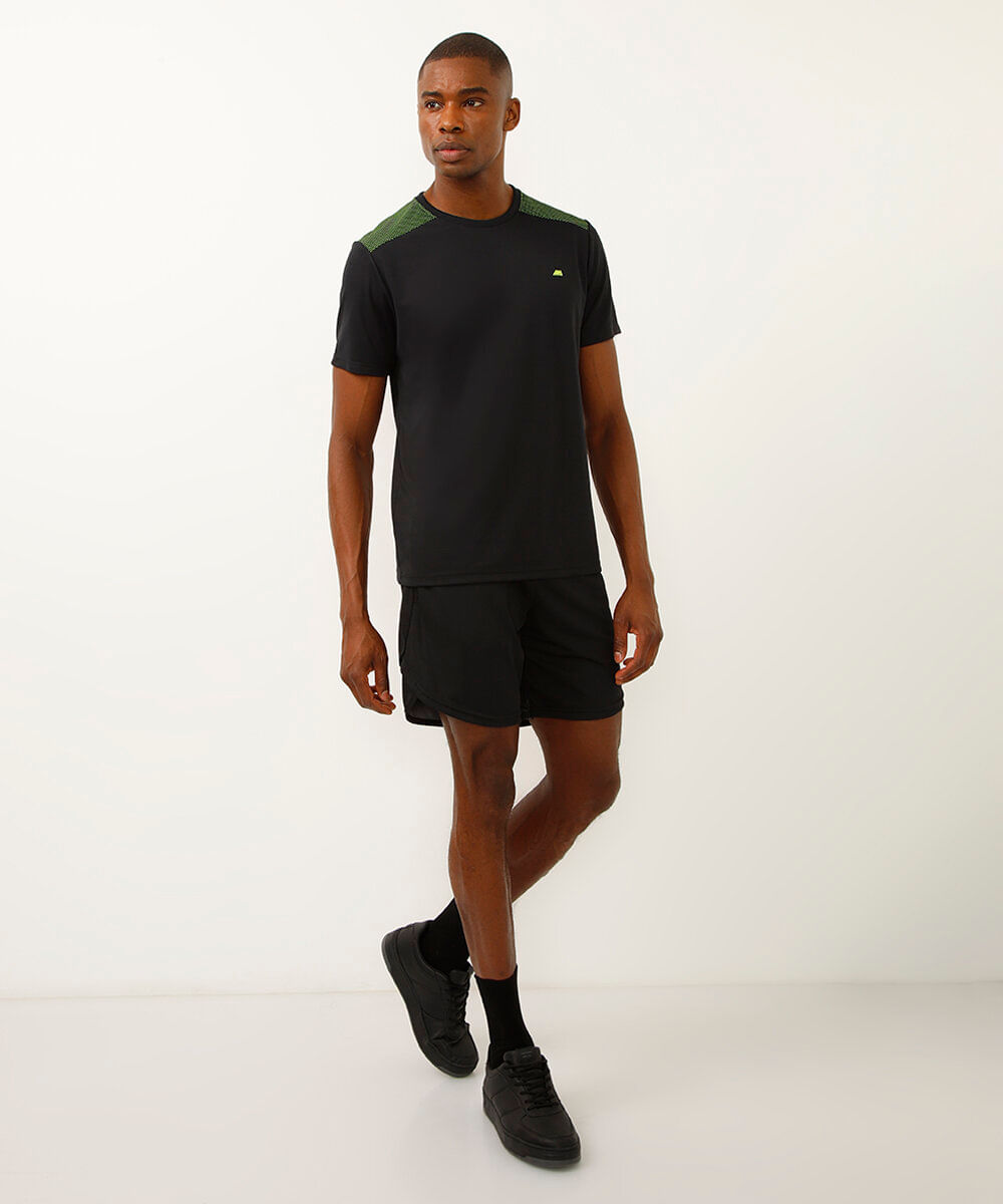 camiseta masculina esportiva ace manga curta com recorte bicolor - preto