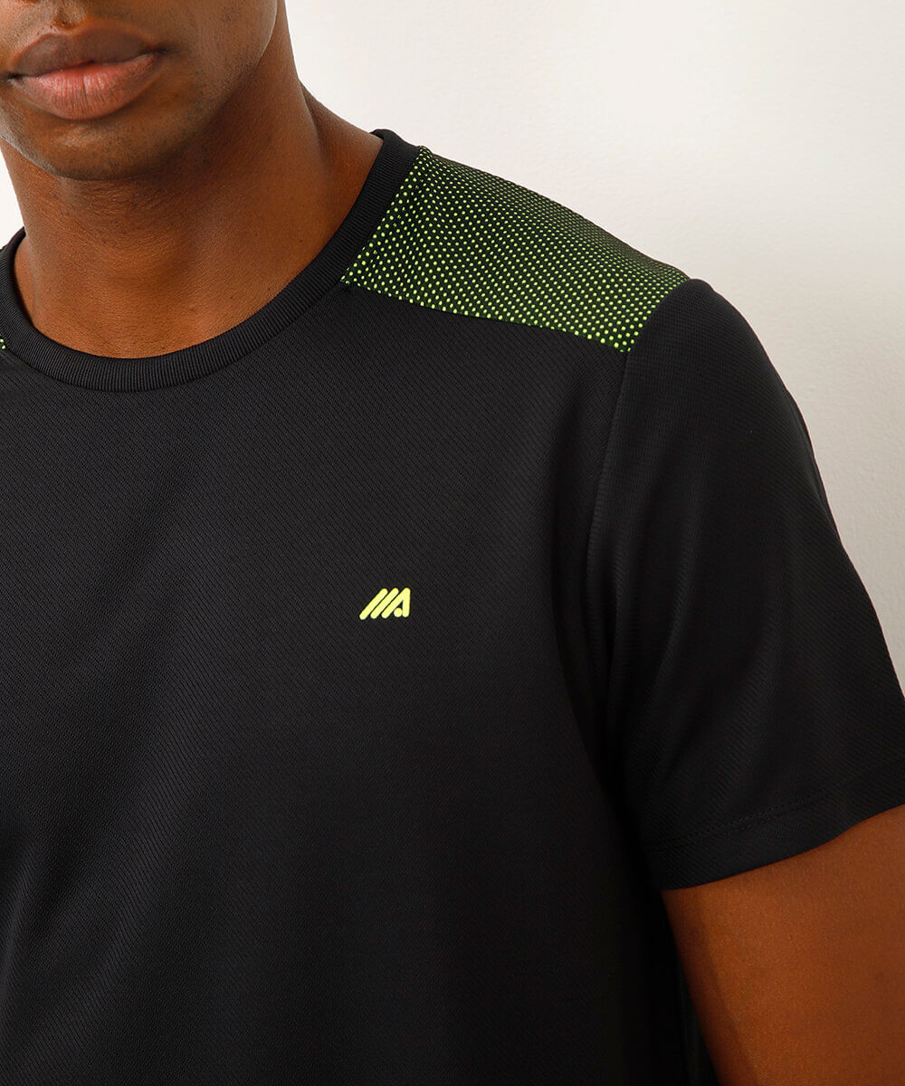 camiseta masculina esportiva ace manga curta com recorte bicolor - preto