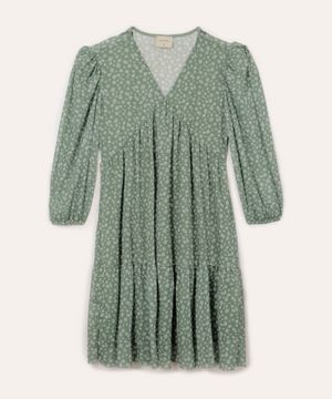 vestido juvenil de tule floral manga bufante verde