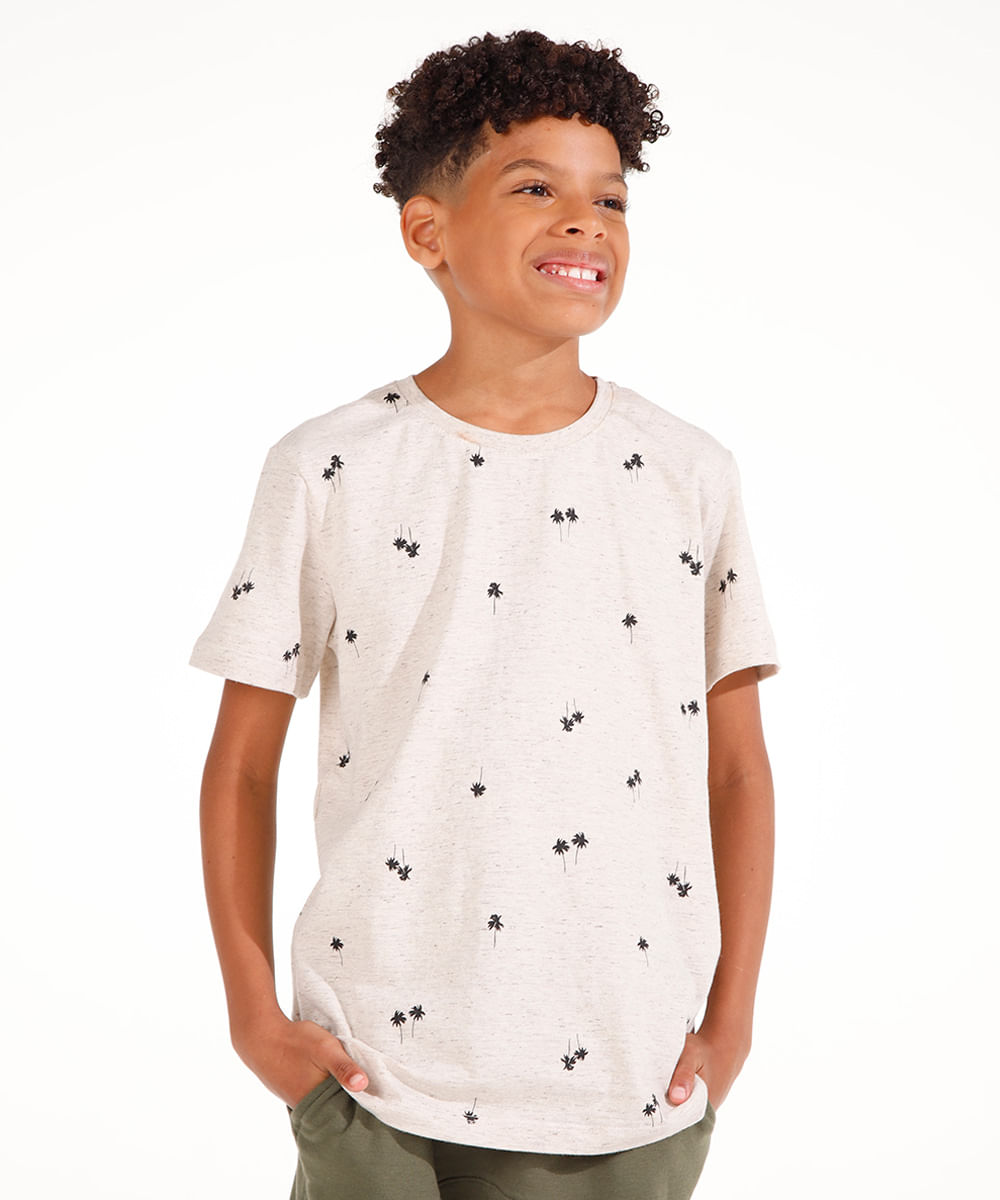 camiseta de algodão juvenil coqueiros manga curta bege