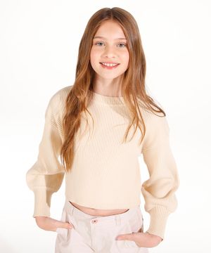 blusa cropped de tricot juvenil bege