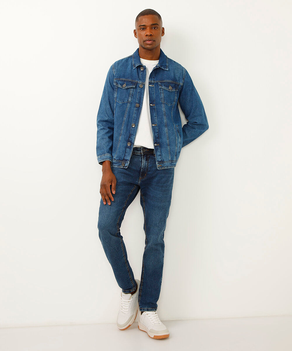 calça slim jeans com bolsos azul