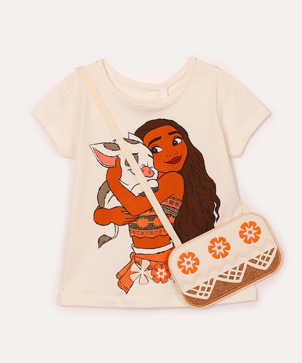 camiseta de algodão infantil com bolsinha moana off white