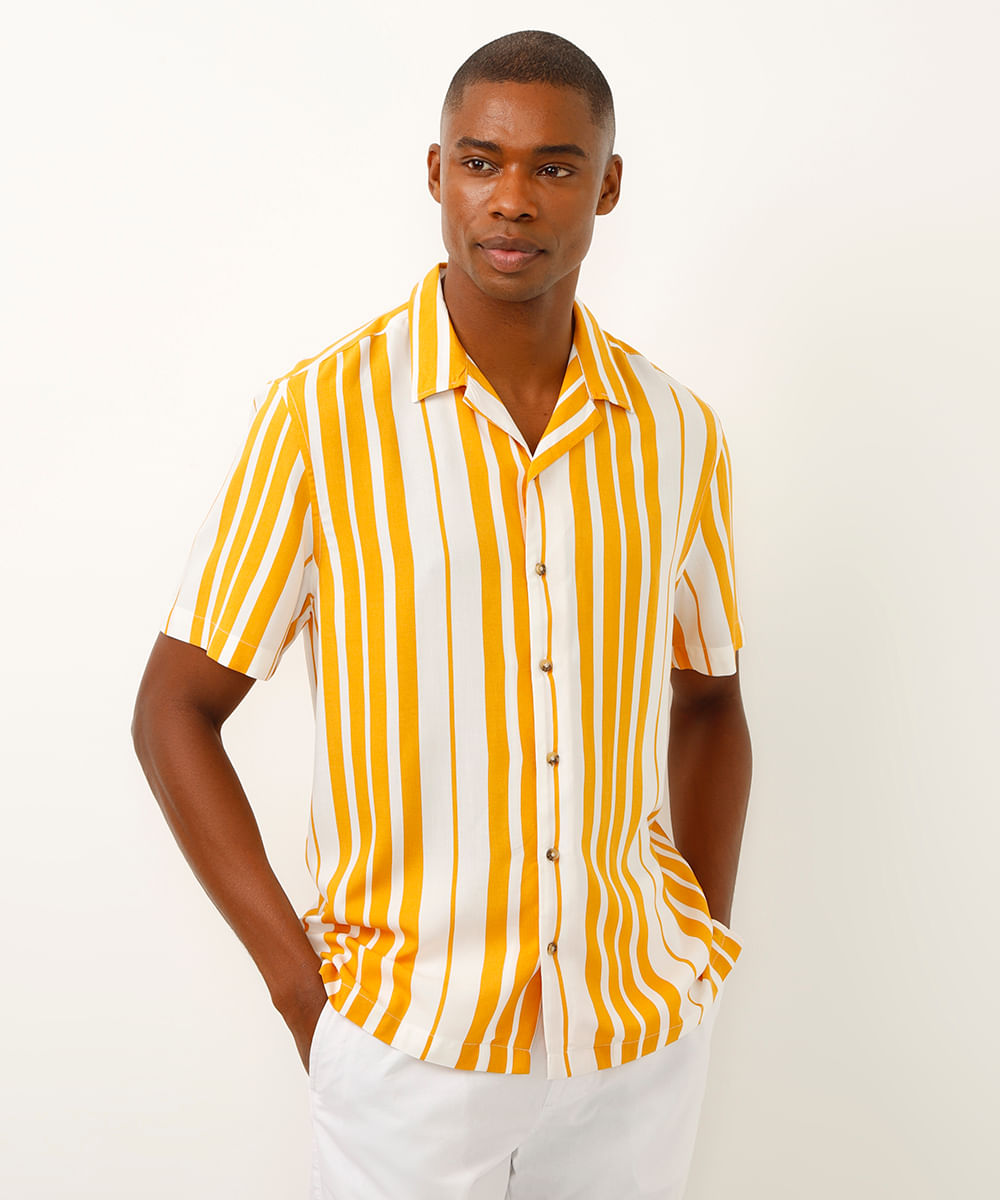 camisa de viscose manga curta listrada off white