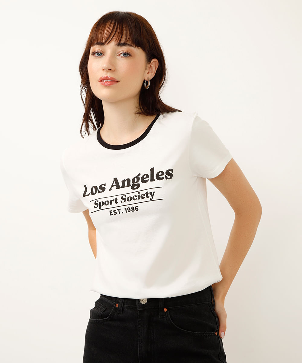camiseta de algodão manga curta los angeles bicolor off white