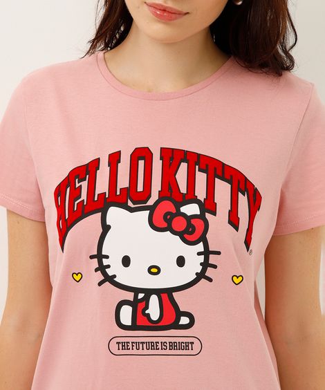 camiseta de algodão manga curta hello kitty rosa