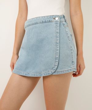 short saia jeans cintura alta transpassado azul