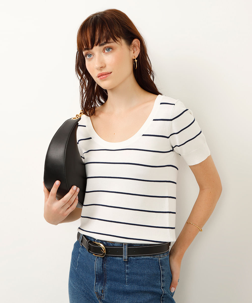 blusa de tricot manga curta listrada off white