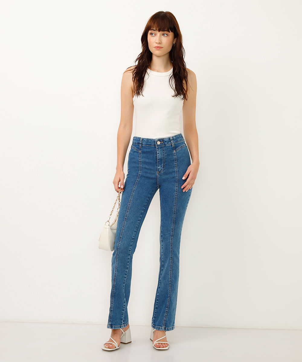 calça flare jeans cintura alta com recortes sawary azul
