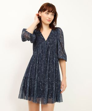 vestido curto de tule manga bufante floral azul