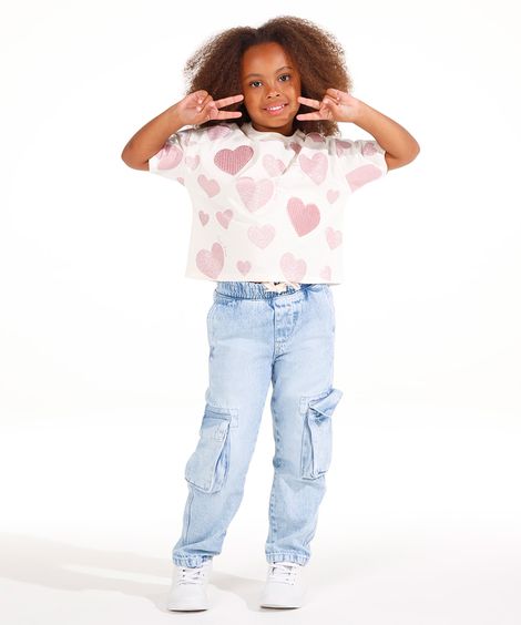blusa de algodão infantil corações paetê off white