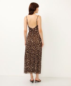 vestido longo de tule animal print com franzido bege