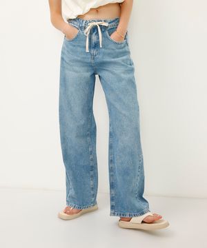 calça oversized jeans cós com cordão azul