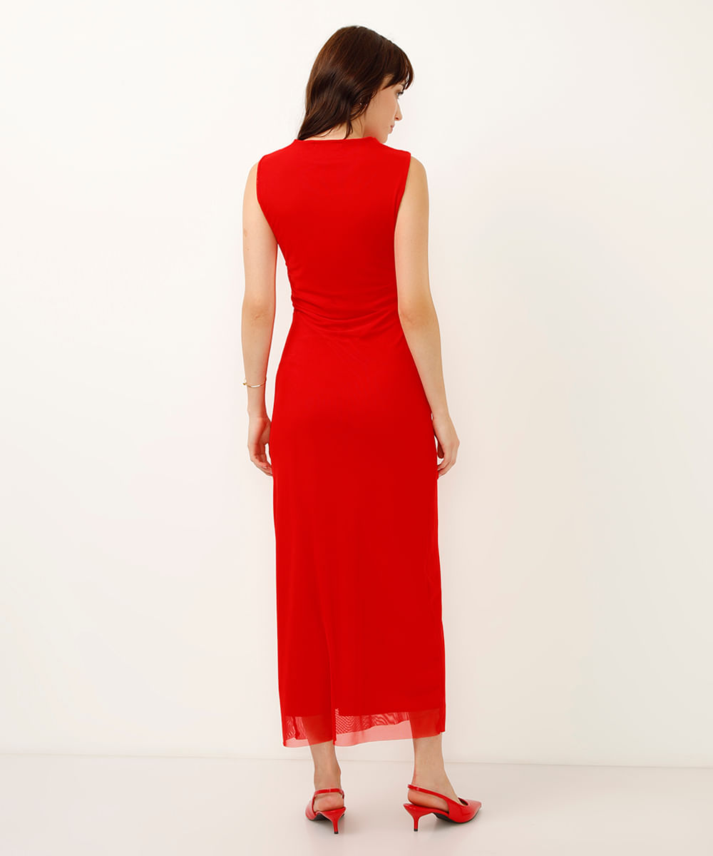 vestido longo de tule com franzido vermelho