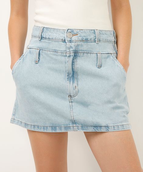 saia curta jeans cintura média cós duplo azul