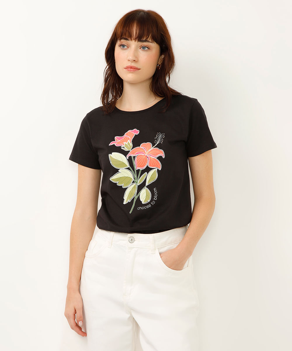 camiseta de algodão choose to bloom floral preta