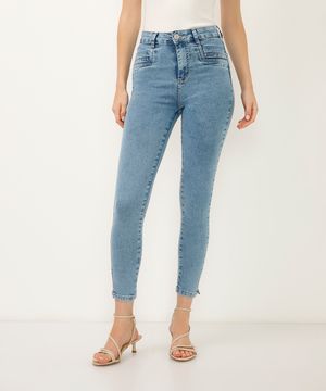 calça cigarrete jeans fenda na barra sawary azul