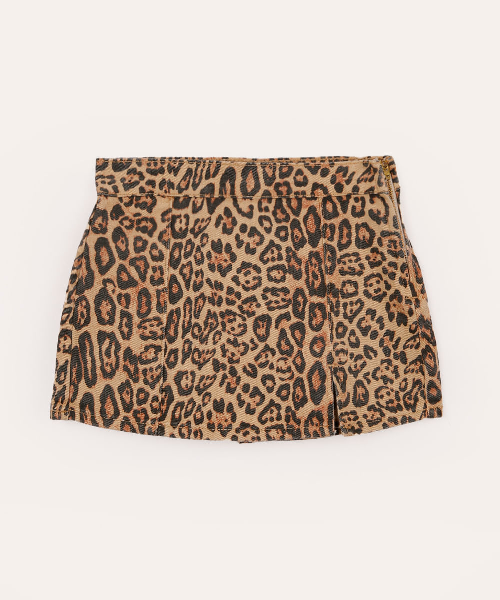 short saia de sarja infantil animal print bege