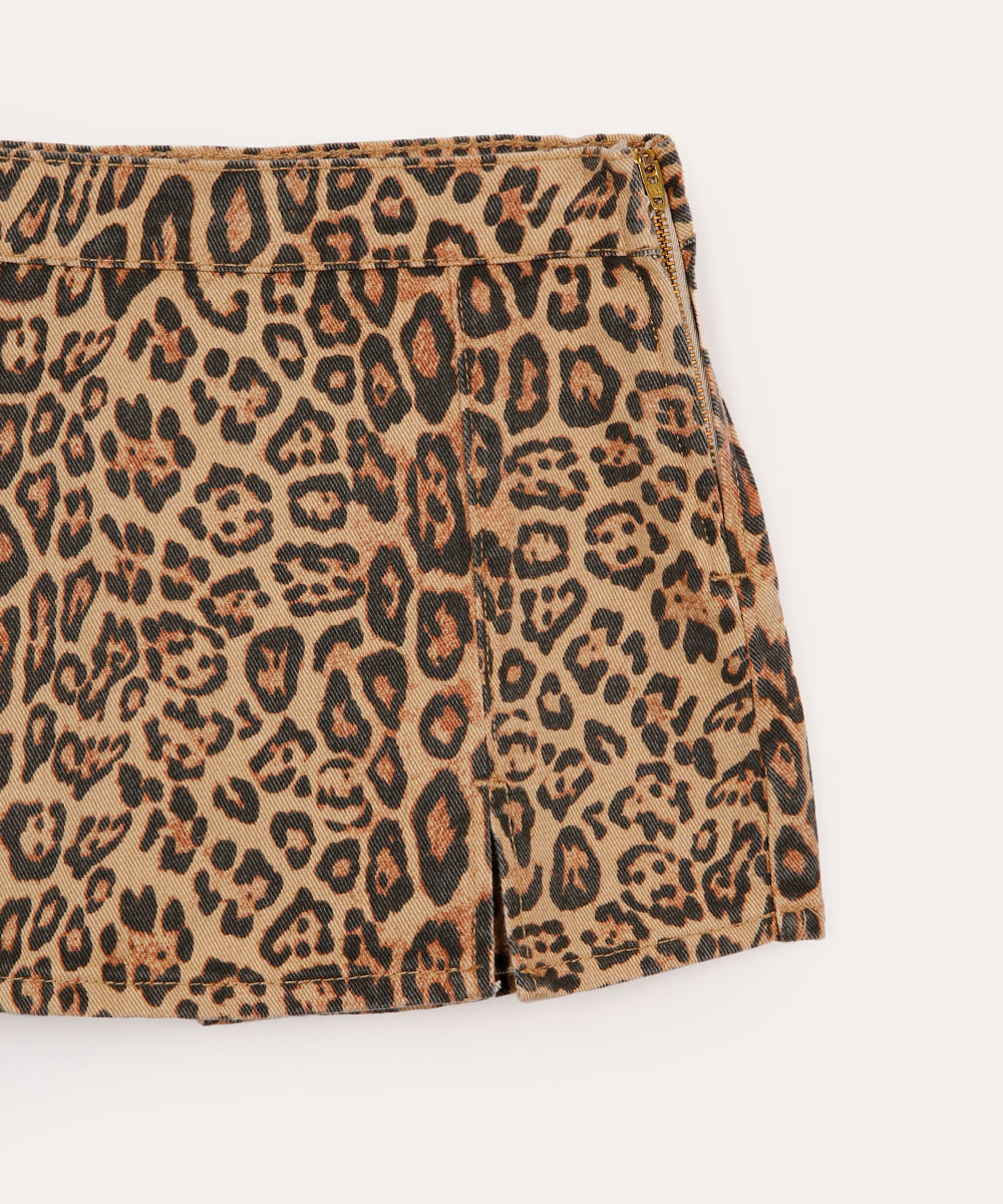 short saia de sarja infantil animal print bege