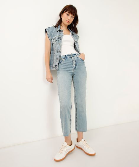 calça boot cropped jeans com botões azul