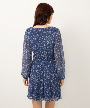 vestido curto de tule lacinho manga bufante floral azul