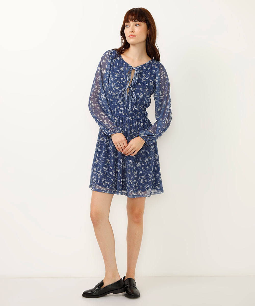 vestido curto de tule lacinho manga bufante floral azul