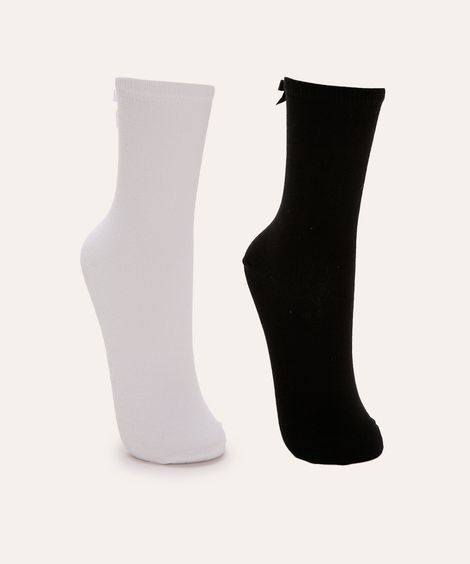 kit de 2 meias cano médio lacinho branco e preto