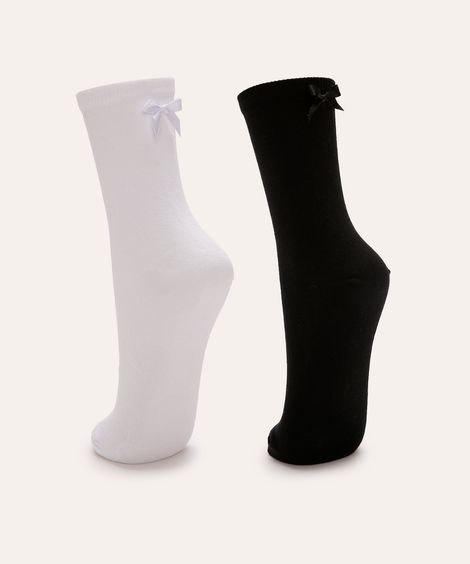 kit de 2 meias cano médio lacinho branco e preto