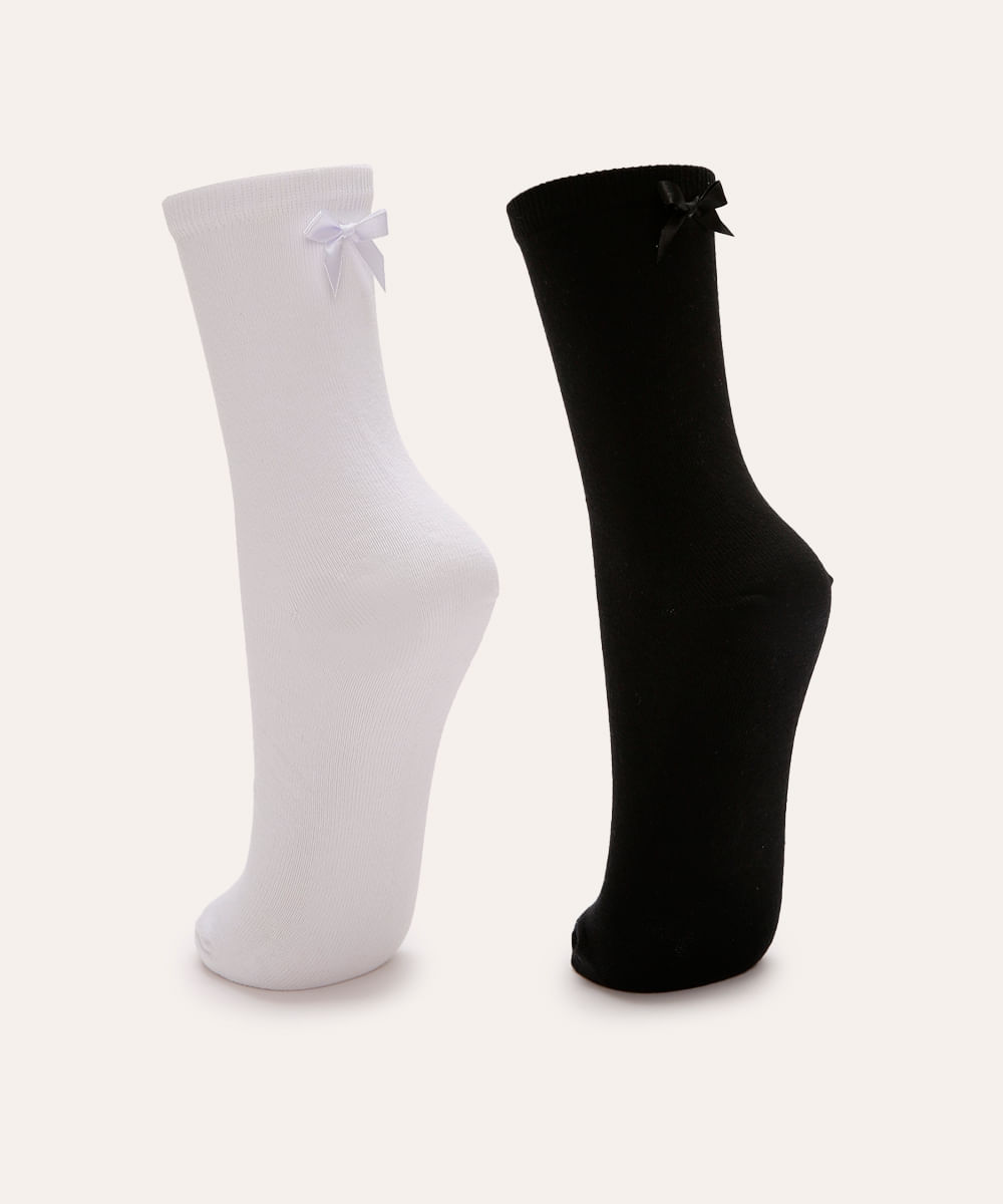 kit de 2 meias cano médio lacinho branco e preto