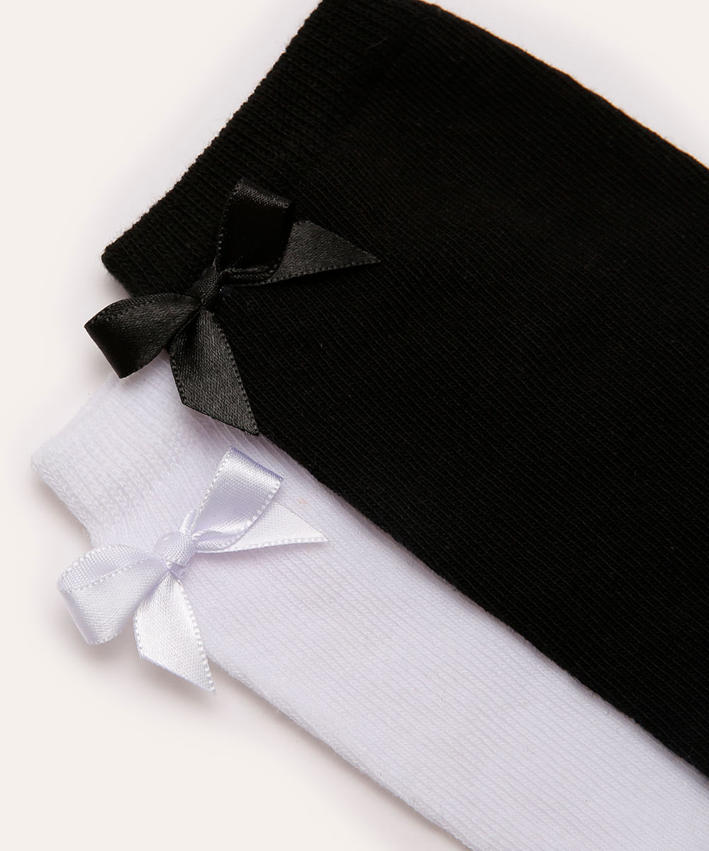 kit de 2 meias cano médio lacinho branco e preto