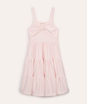 vestido midi infantil listrado com laço rosa