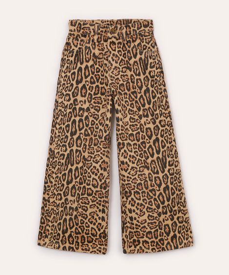 calça wide leg infantil animal print bege