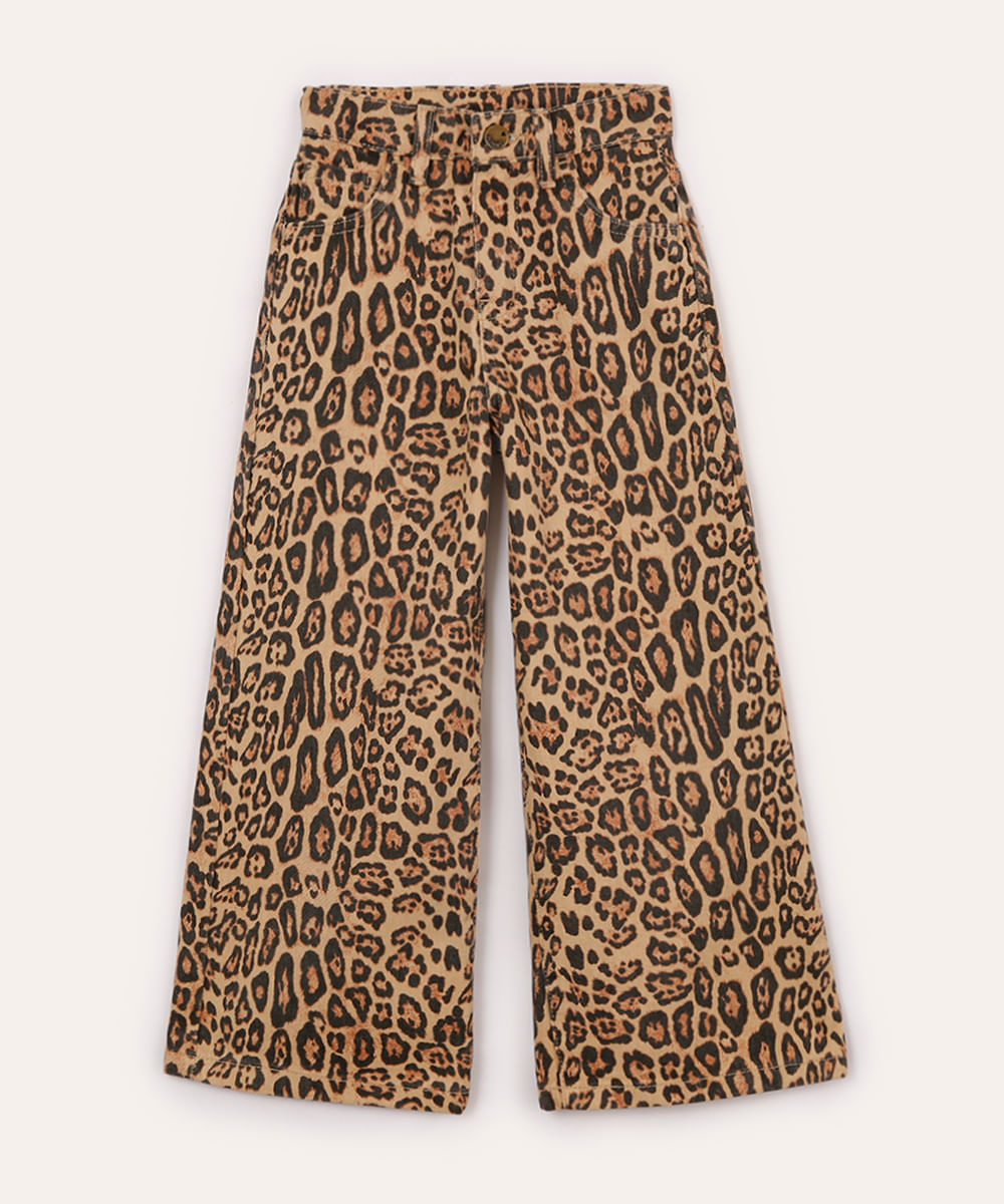 calça wide leg infantil animal print bege