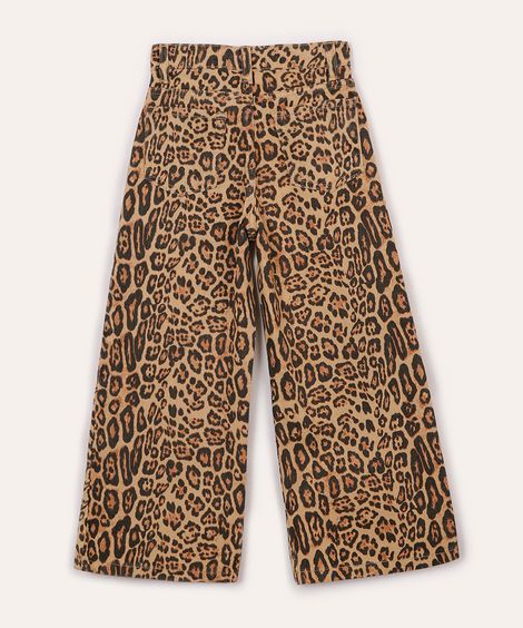 calça wide leg infantil animal print bege