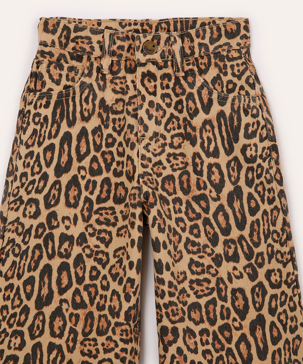 calça wide leg infantil animal print bege
