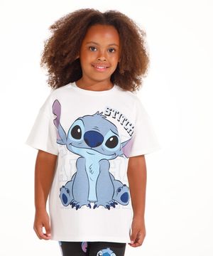 camiseta de algodão infantil ovesized stitch com brilho off white