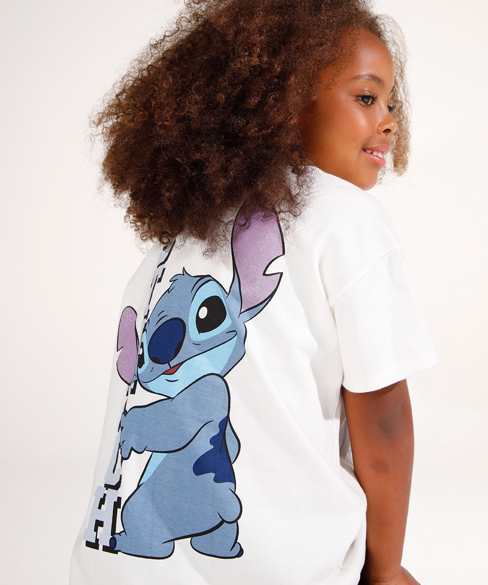 camiseta de algodão infantil ovesized stitch com brilho off white