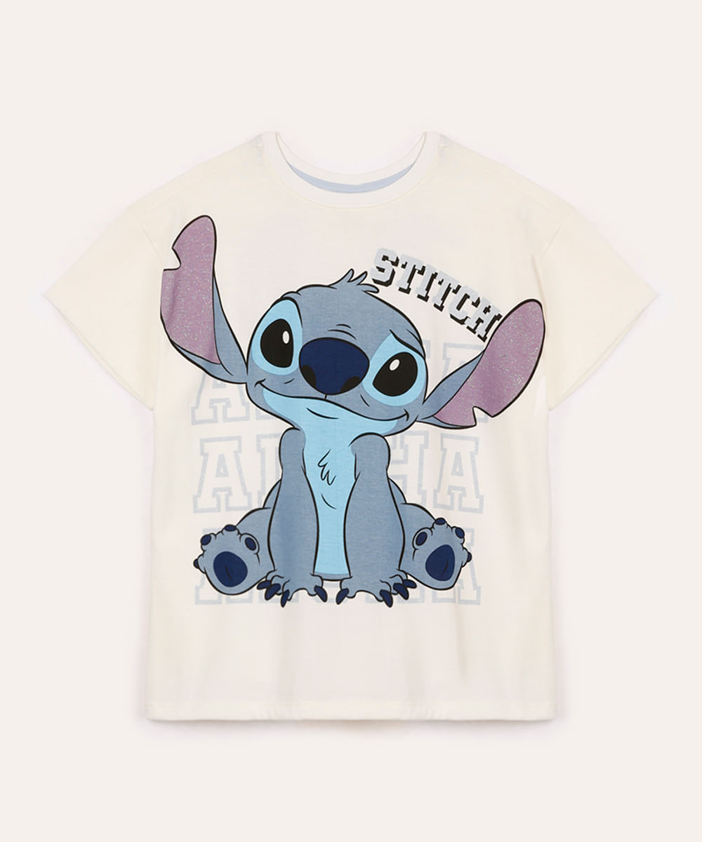 camiseta de algodão infantil ovesized stitch com brilho off white