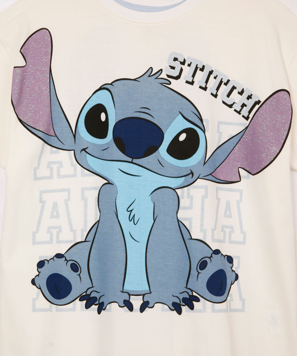 camiseta de algodão infantil ovesized stitch com brilho off white