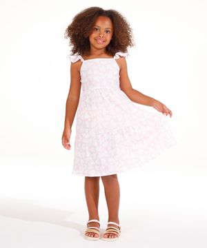 vestido infantil corações alça babados rosa