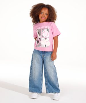 calça wide leg jeans infantil com strass azul