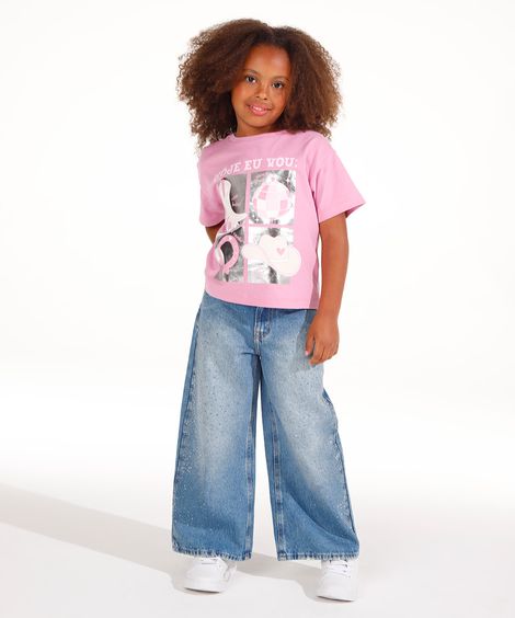 calça wide leg jeans infantil com strass azul