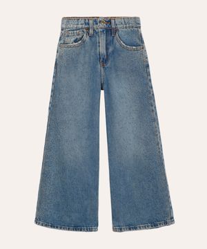 calça wide leg jeans infantil com strass azul