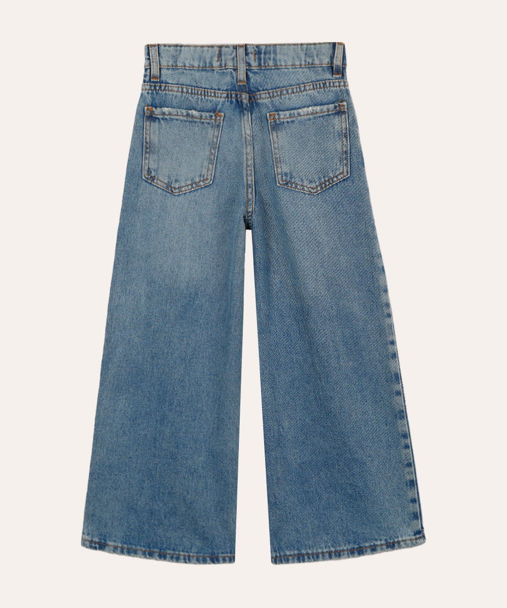 calça wide leg jeans infantil com strass azul