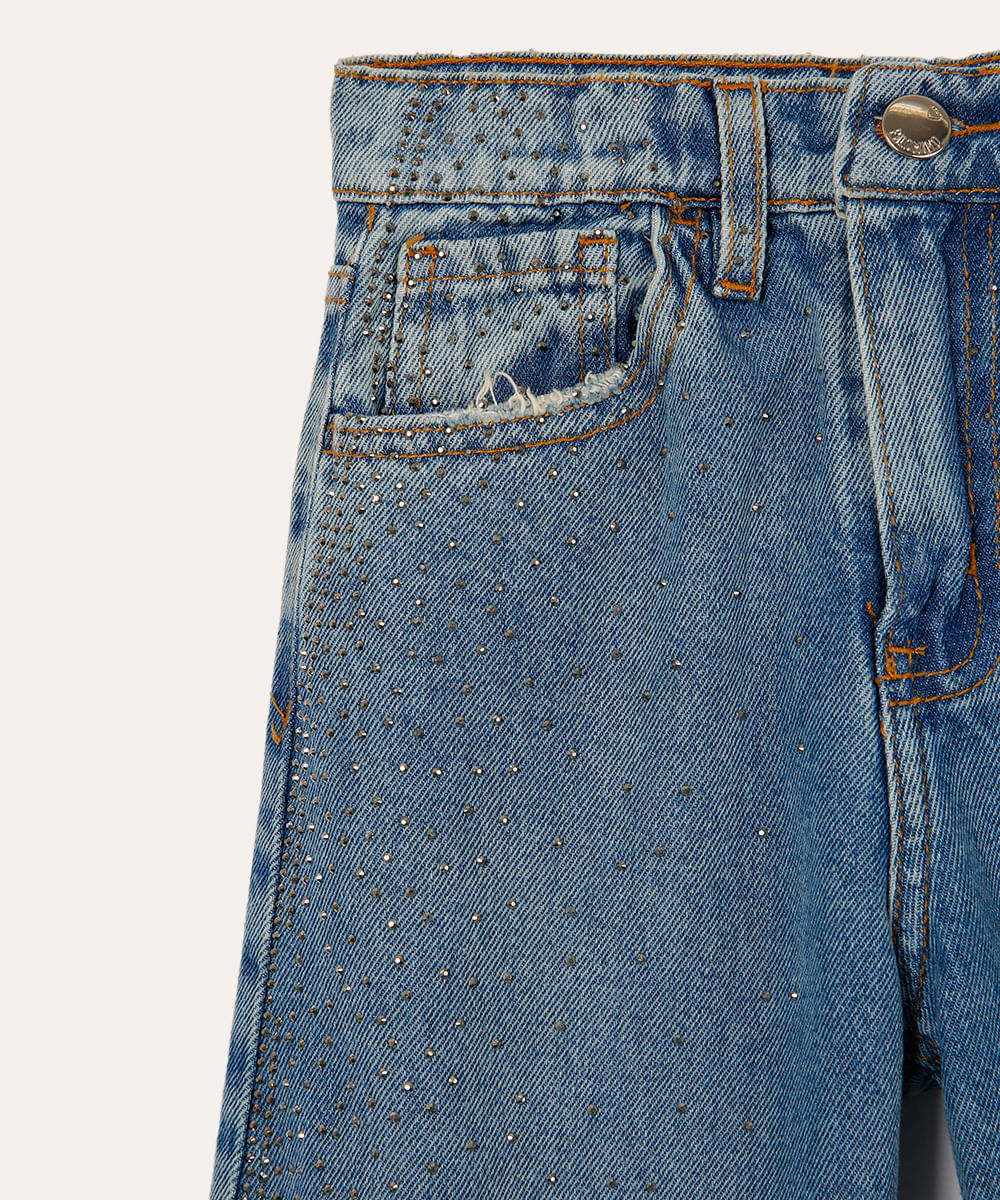 calça wide leg jeans infantil com strass azul