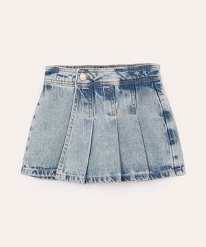 short saia infantil jeans plissado transpassado azul