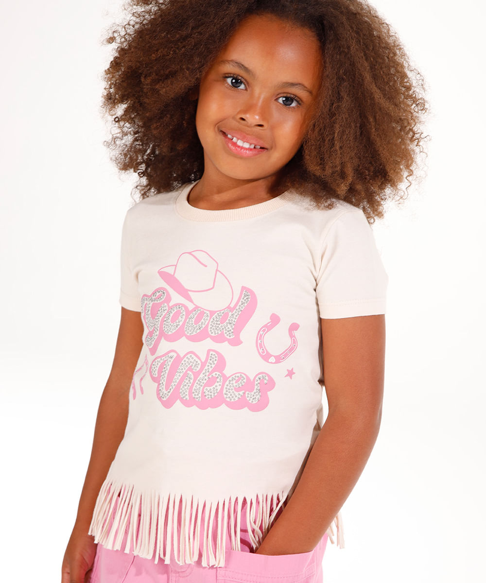 camiseta de algodão infantil franjinhas na barra bege
