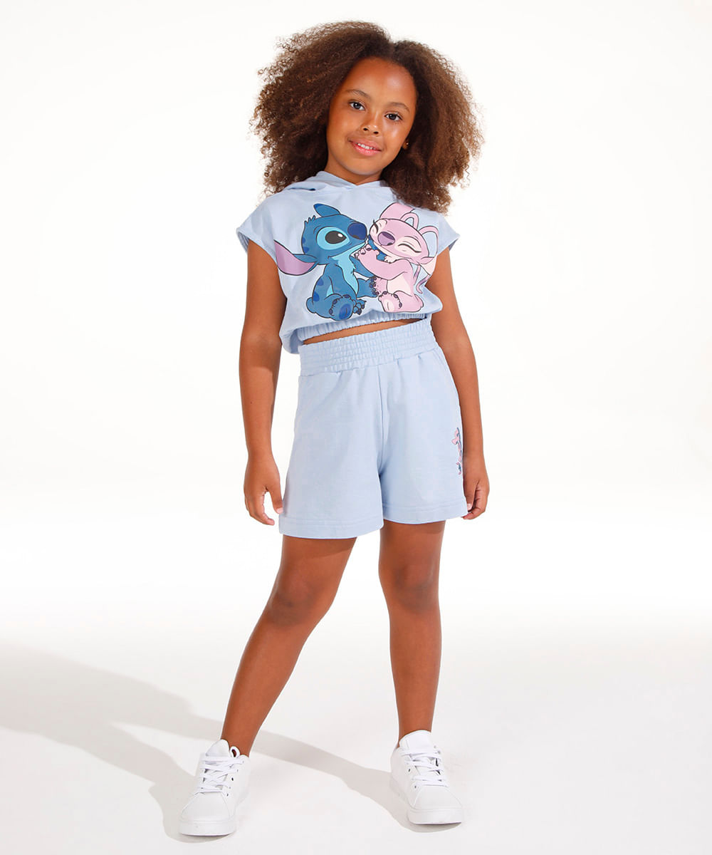conjunto de moletom infantil stitch e angel com capuz azul