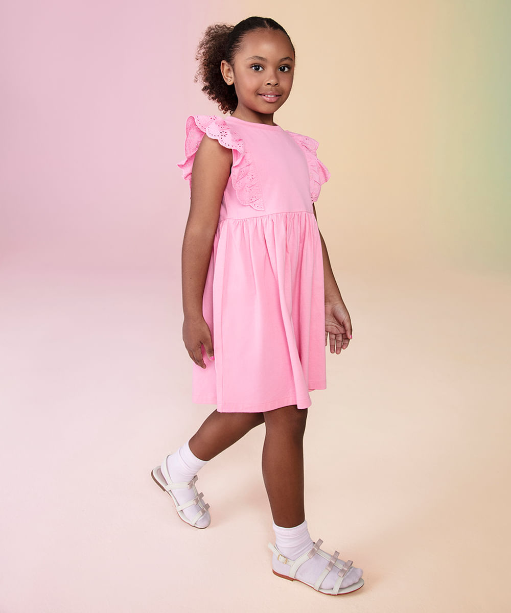 vestido midi infantil babado floral rosa