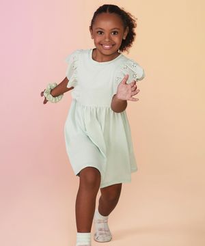 vestido de algodão infantil manga com babados verde